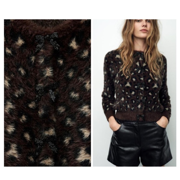 ZARA LEOPARD PRINT FAUX FUR JACQUARD KNIT CARDIGAN With BOW DETAILS NWT - Picture 2 of 13